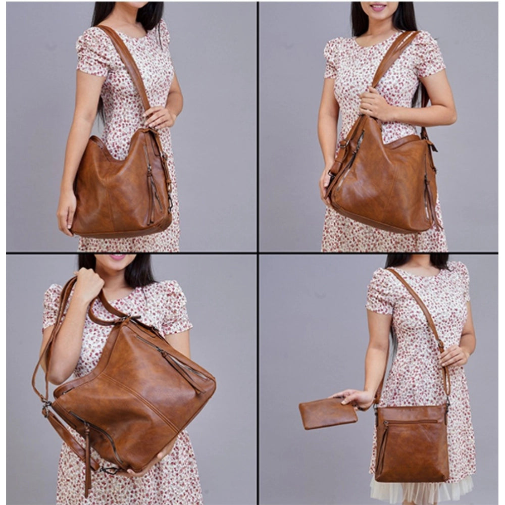 Brown PU leather medium shoulder zipper handbag with adjustable sling strap and two handle straps