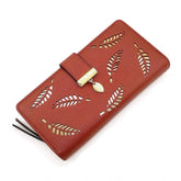 Brown faux leather medium snap button wallet with leaf pattern for women's accessories