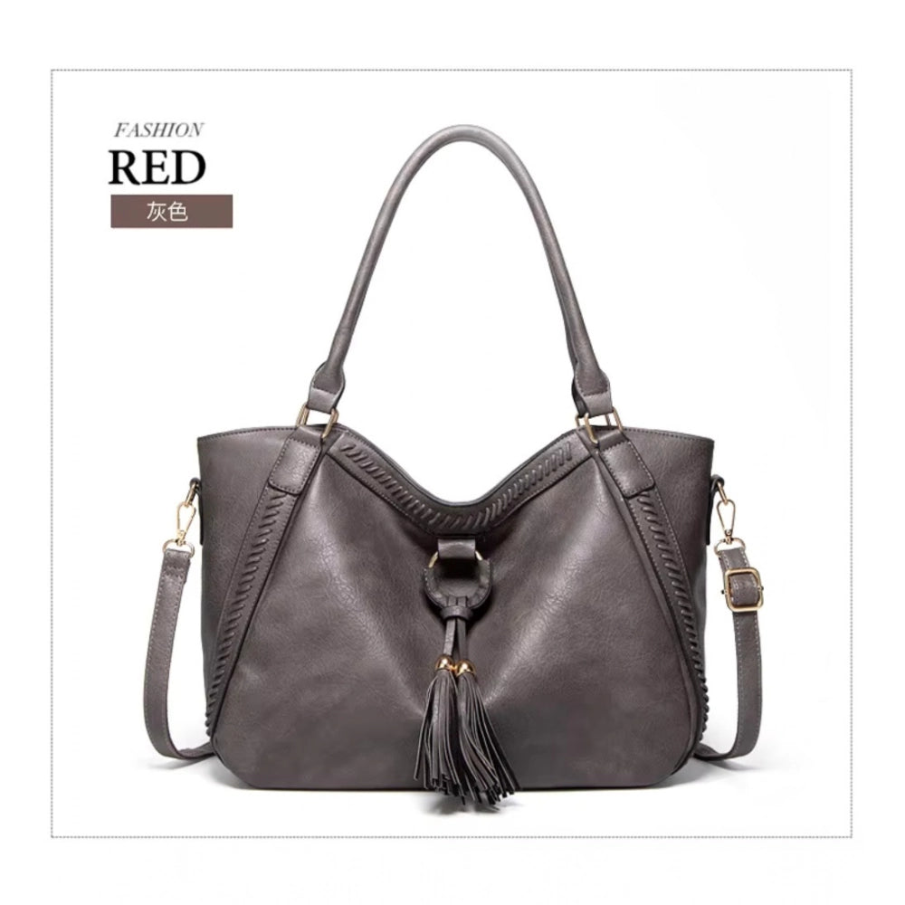 Grey PU leather large shoulder zipper handbag with adjustable-removable sling strap and twin round handles