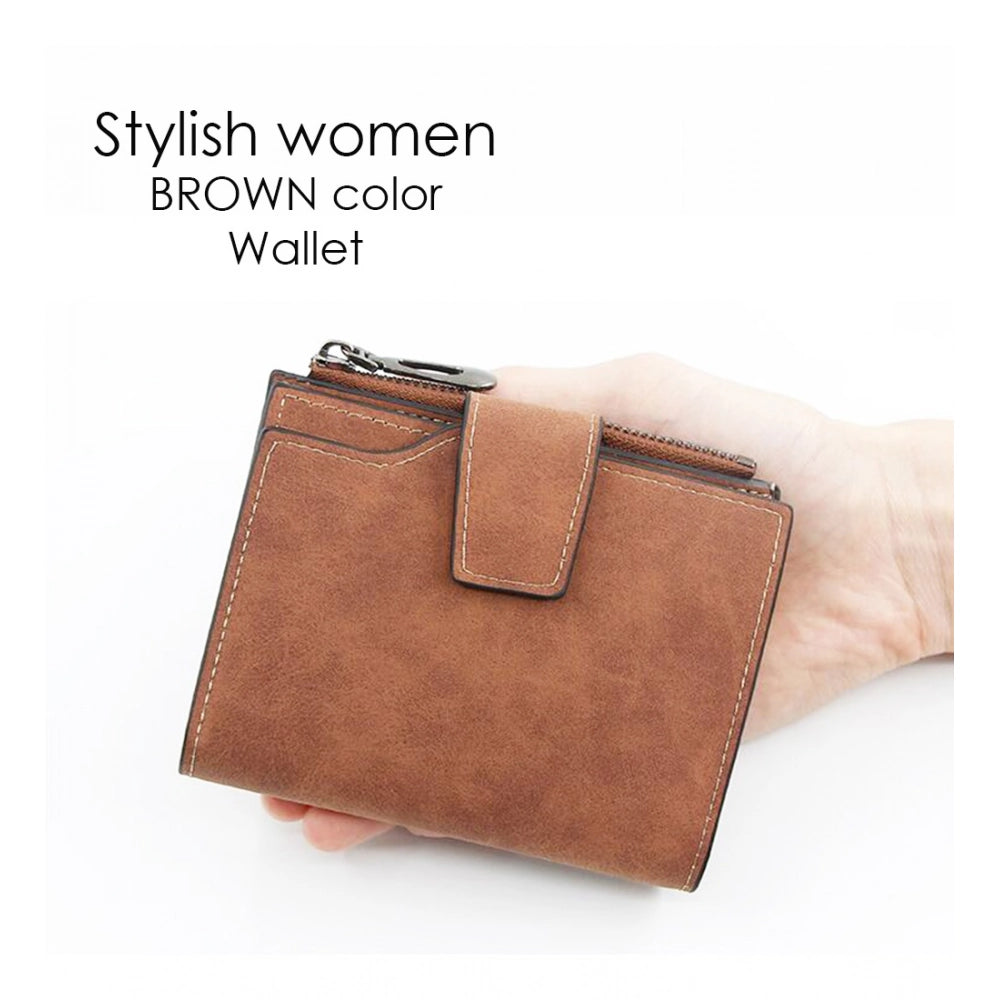 Brown vegan leather small zipper wallet for women, solid pattern and compact size