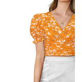 Yellow knitting printed v-neck puff sleeve top for women, casual fashion apparel on mannequin