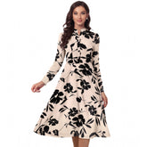 Cream knitted v-neck dress with full sleeves, printed knitting pattern on knee-length style for women's fashion