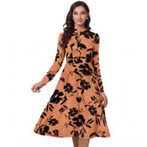 Orange knitting printed V-neck dress with full sleeves, knee length for women's casual wear