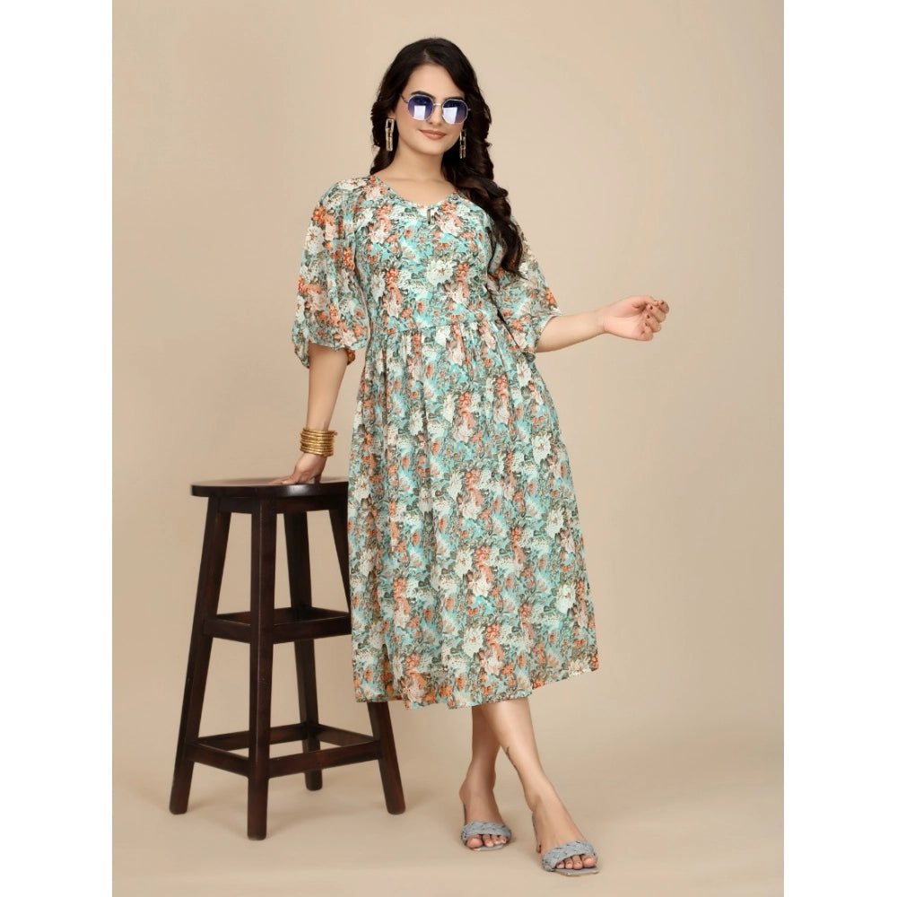 Multicolor Georgette printed round neck short sleeve dress for women, vibrant pattern on display stand