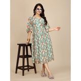 Multicolor Georgette printed round neck short sleeve dress for women, vibrant pattern on display stand