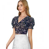 Navy blue knitting printed v-neck puff sleeve top with intricate knit pattern