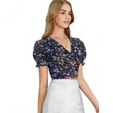 Women's Knitting Printed V-Neck Puff Sleeve Tops (Navy Blue)