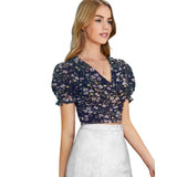 Navy blue knitting printed V-neck puff sleeve top with intricate knit patterns