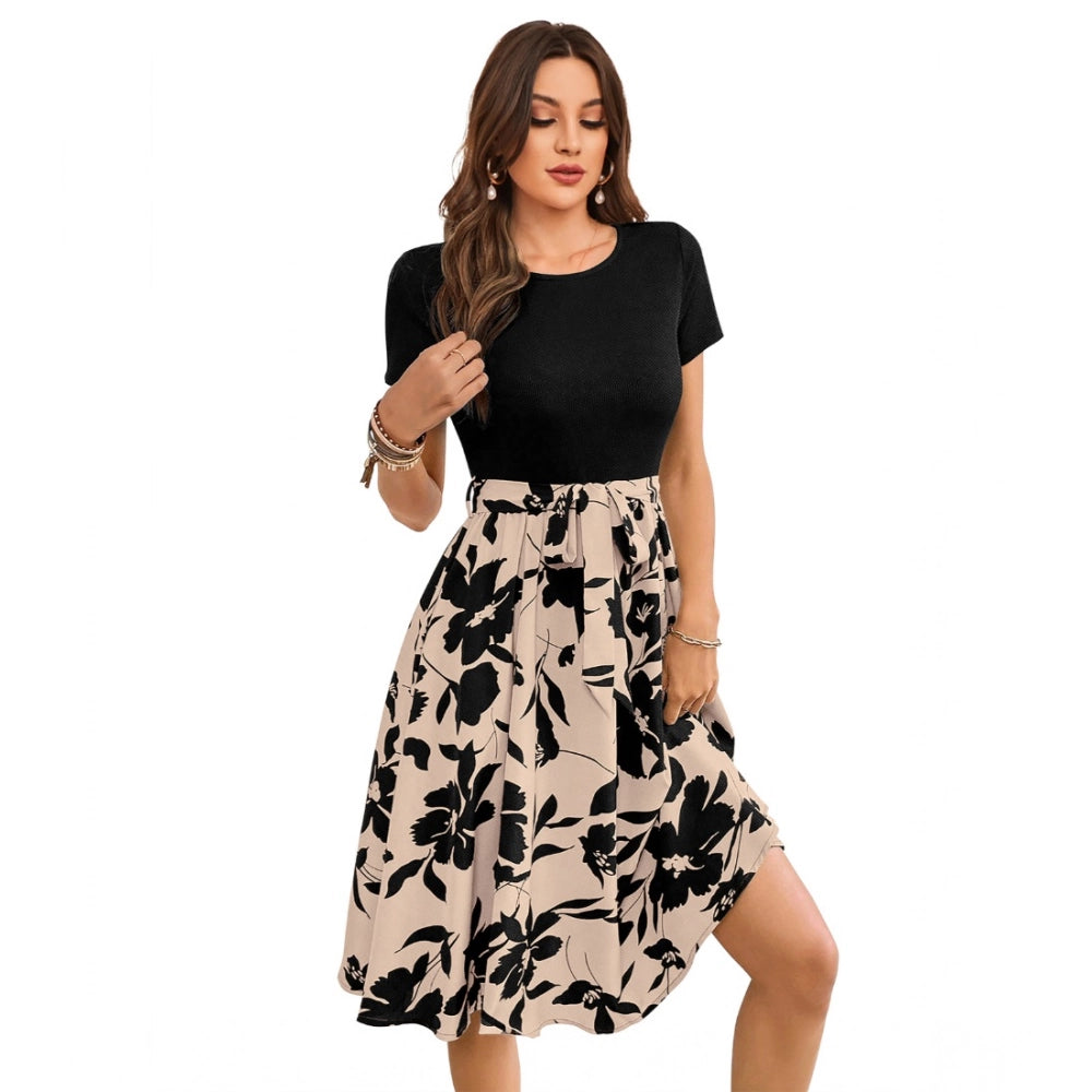 Cream knitted round neck short sleeve printed dress for women - fashionable knitwear apparel on mannequin
