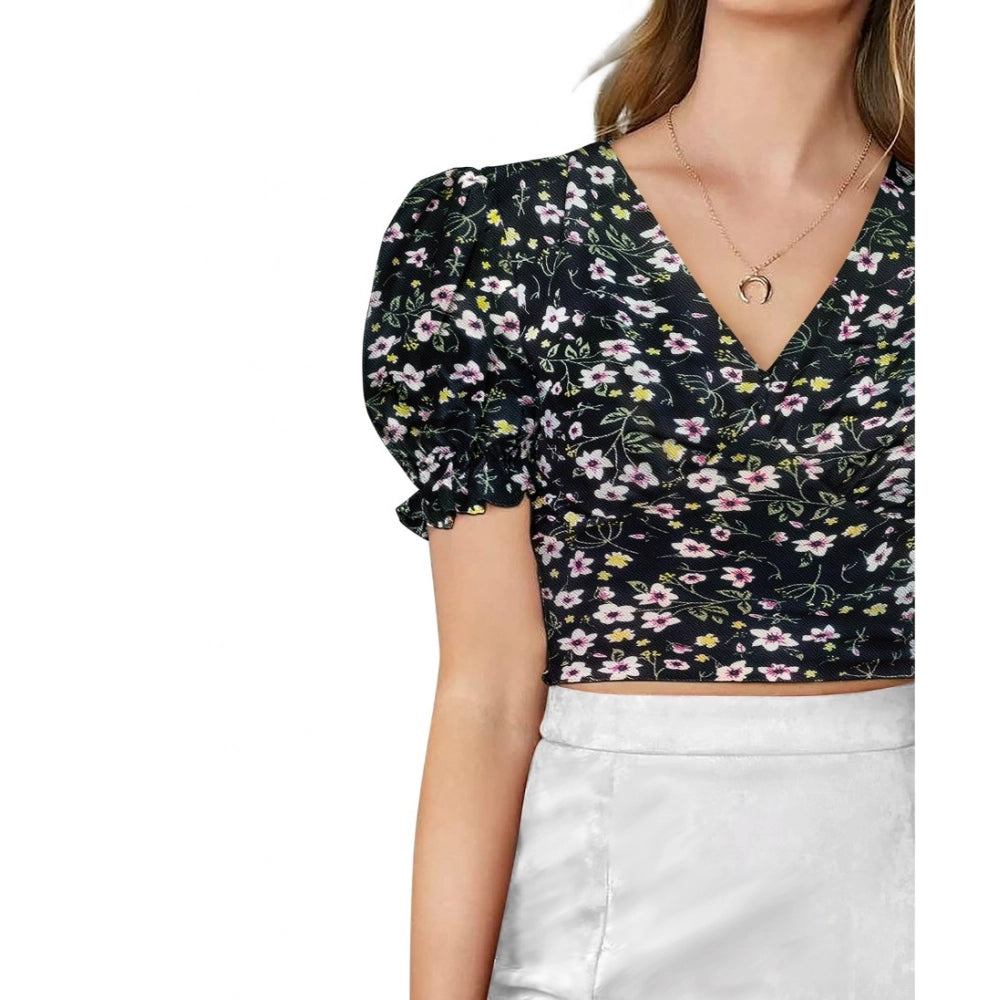 Black knitted women's puff sleeve top with printed v-neck design