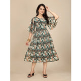 Black georgette printed round neck short sleeve dress for women, stylish below-knee length outfit on mannequin