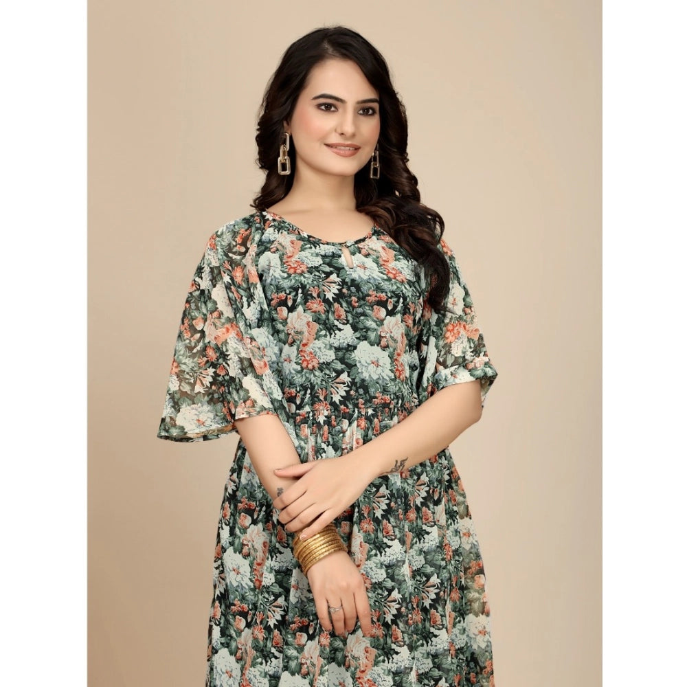 Black Georgette printed round neck short sleeve dress with intricate patterns, ideal for formal events