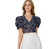 Navy blue knitting printed v-neck puff sleeve top, stylish women's casual wear for fashionable occasions