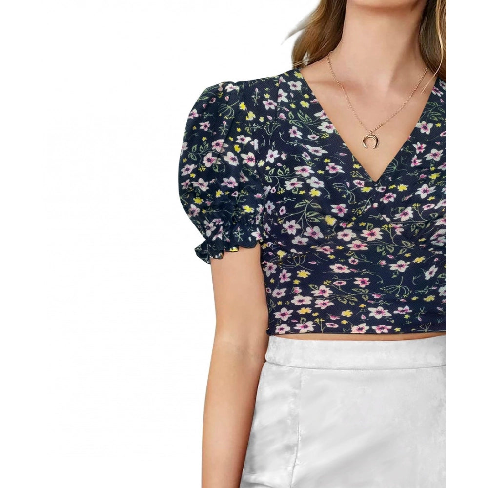 Navy blue knitting printed v-neck puff sleeve top for women's casual wear