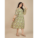 Women's Georgette Printed Round Neck Short Sleeve Dress (Green)