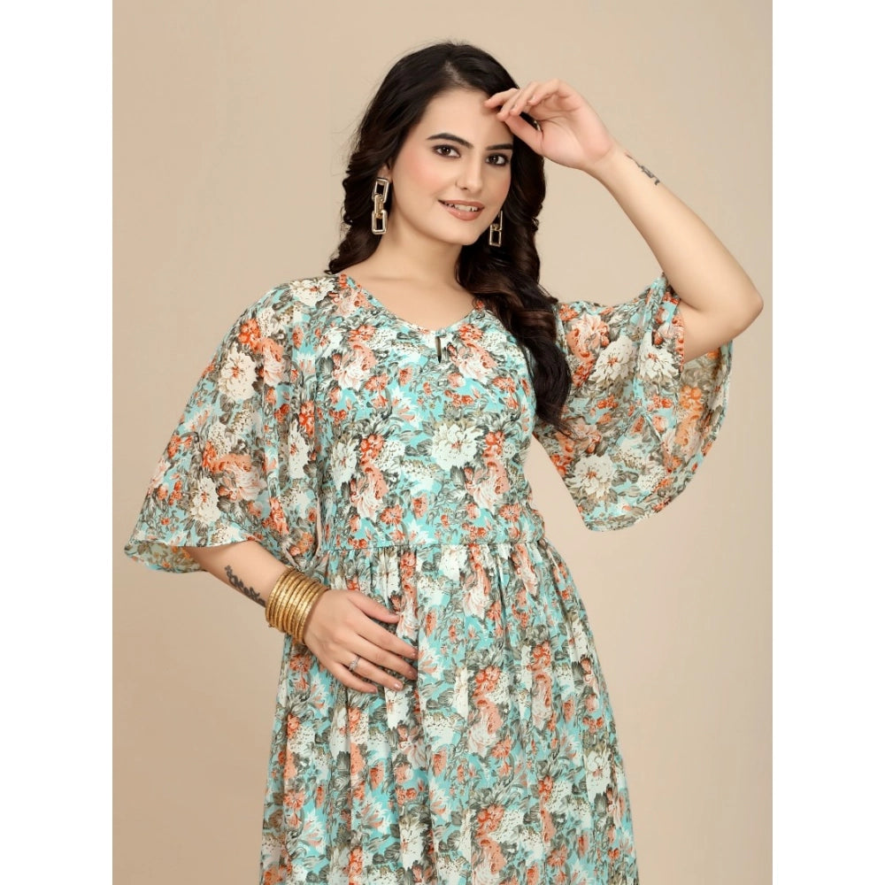 Multicolor georgette printed round neck short sleeve dress, below knee length on model