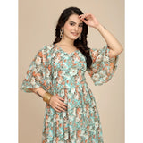 Multicolor georgette printed round neck short sleeve dress, below knee length on model