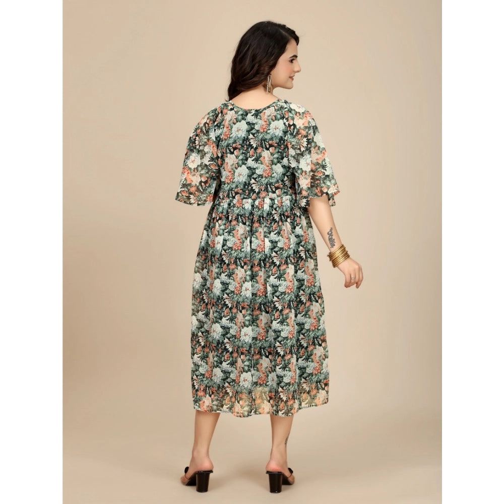 Black georgette printed round neck short sleeve dress, ideal for formal events