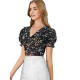 Black knitted v-neck puff sleeve top with knitting print, suitable for women's fashion