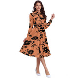 Women's Knitting Printed V-Neck Full Sleeve Dress (Orange)