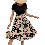 Cream knitting printed round neck short sleeve dress for women, cozy casual wear on model