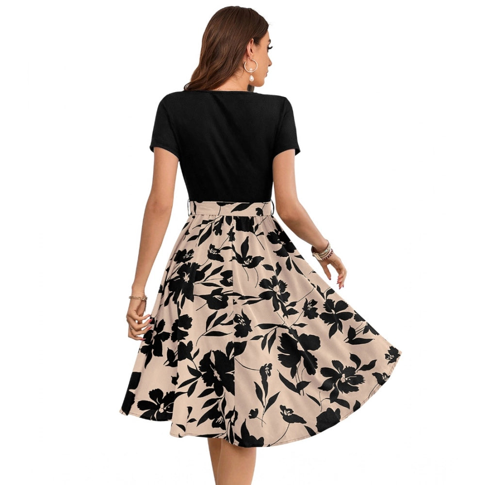 Cream knitting printed round neck short sleeve dress for women, boho chic style fashion on mannequin