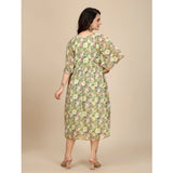 Women's Georgette Printed Round Neck Short Sleeve Dress (Green)