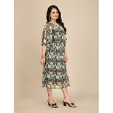 Women's Georgette Printed Round Neck Short Sleeve Dress (Black)