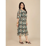 Black georgette printed round neck short sleeve dress for women, below knee length, fashionable evening wear