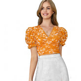 Yellow knitted v-neck puff sleeve top with printed design, women's fashion clothing