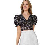 Black knitted V-neck puff sleeve top with knitting print, ideal for casual women's fashion