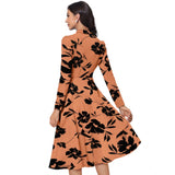 Women's Knitting Printed V-Neck Full Sleeve Dress (Orange)