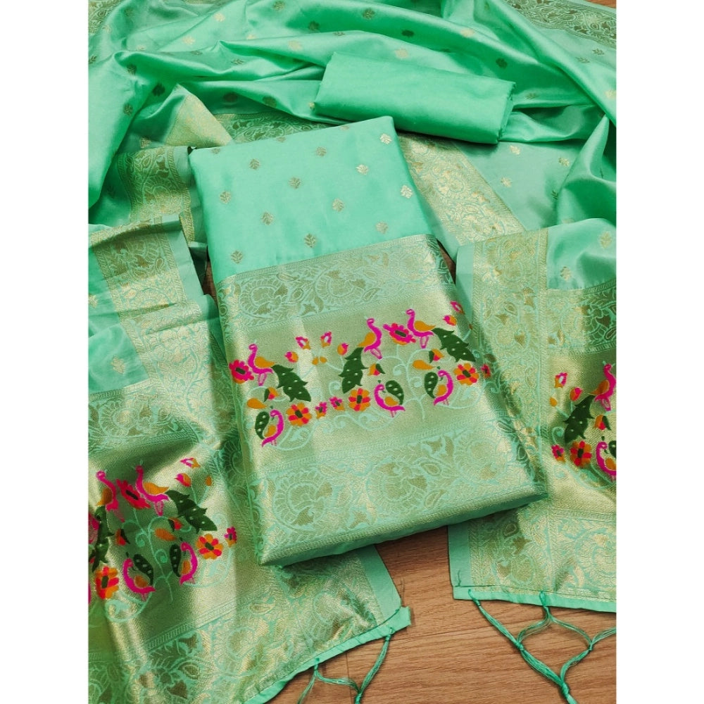 Seagreen Banarasi Silk printed unstitched salwar suit with dupatta (3m) - women's traditional Indian fashion wear on mannequin