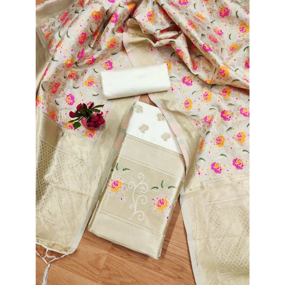 White Banarasi Silk printed unstitched salwar suit with dupatta, 3m long