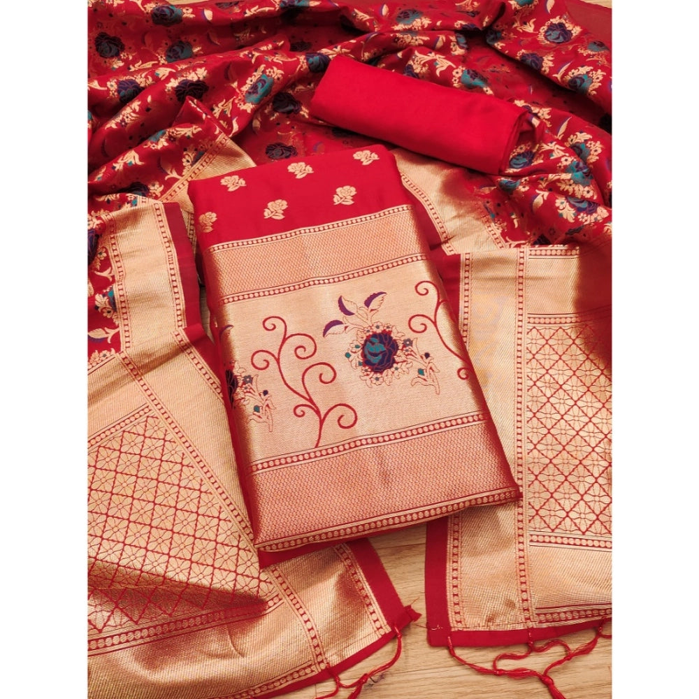 Red Banarasi silk printed unstitched salwar suit with dupatta (3m), elegant Indian bridal wear on display