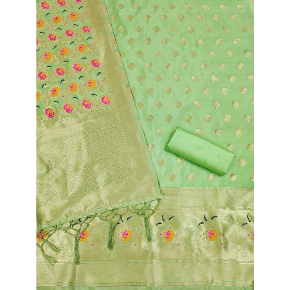 Banarasi silk pista printed unstitched salwar suit (3m) with dupatta on mannequin