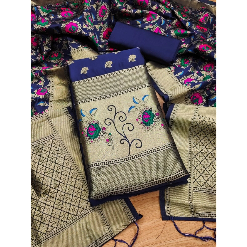 Navy Blue Banarasi Silk printed unstitched salwar suit with dupatta (3m) on model
