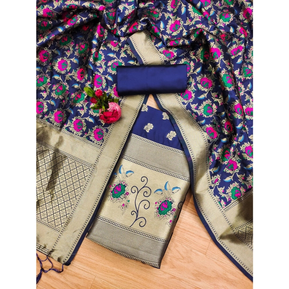 Navy Blue Banarasi Silk printed unstitched salwar suit with dupatta, 3m long