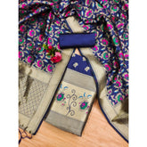 Navy Blue Banarasi Silk printed unstitched salwar suit with dupatta, 3m length for women's traditional Indian wear