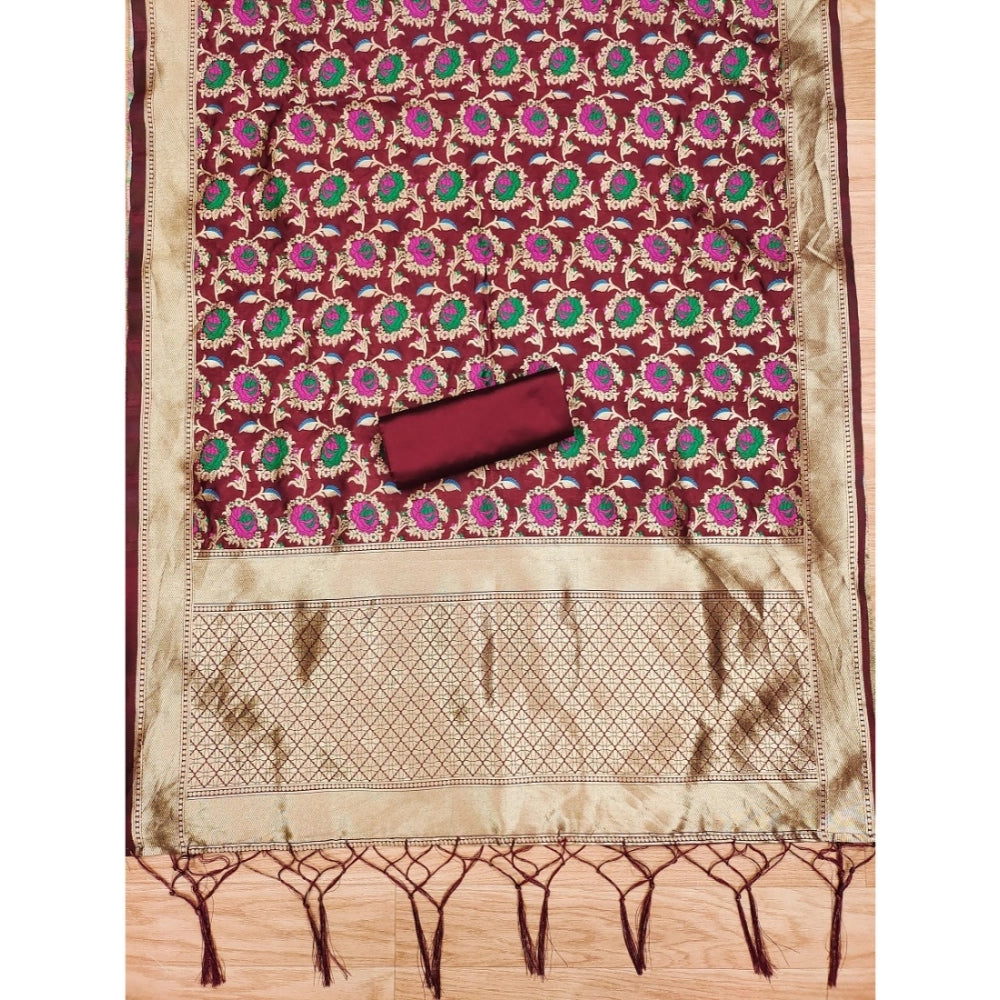 Maroon Banarasi silk printed unstitched salwar suit with dupatta (3m), ideal for traditional Indian wear