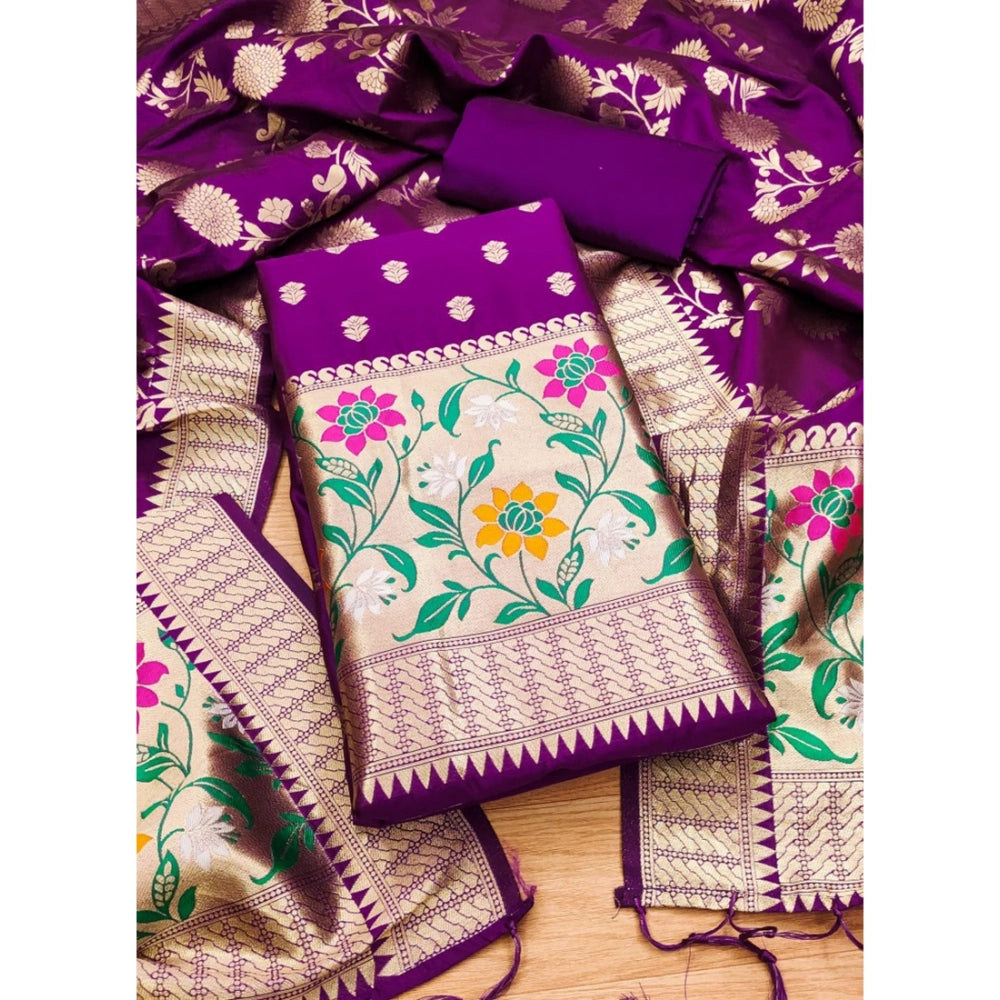 Purple Banarasi silk printed unstitched salwar suit with dupatta (3m)