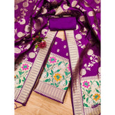 Purple Banarasi silk printed unstitched salwar suit with dupatta (3m) - women's traditional Indian fashion piece on mannequin