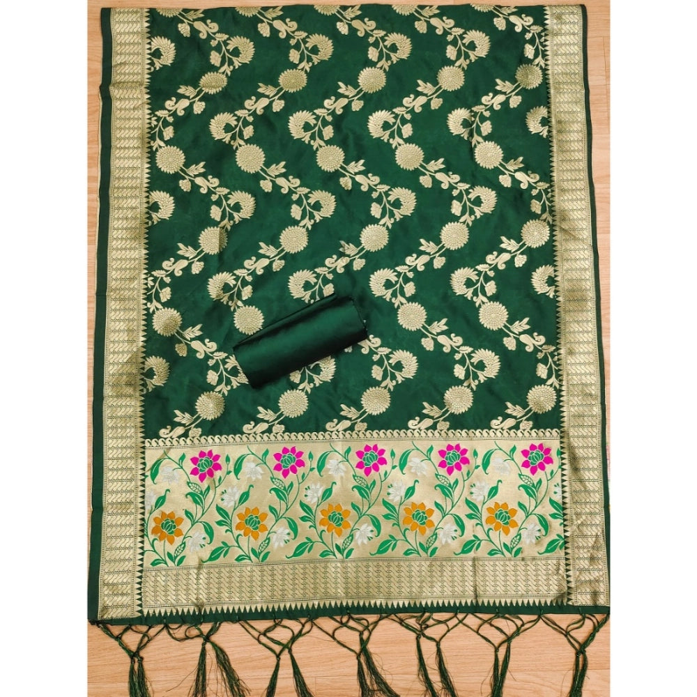 Green Banarasi Silk printed unstitched salwar suit with dupatta (3m) on model