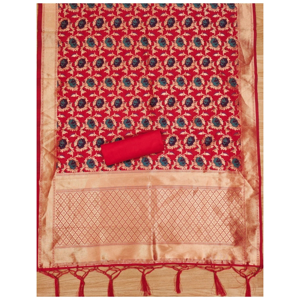 Red Banarasi silk printed unstitched salwar suit with dupatta (3m)", capturing the product type, material, color, and length, while also providing a brief description for accessibility and SEO purposes