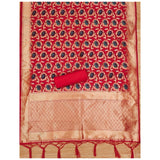 Red Banarasi silk printed unstitched salwar suit with dupatta (3m)", capturing the product type, material, color, and length, while also providing a brief description for accessibility and SEO purposes