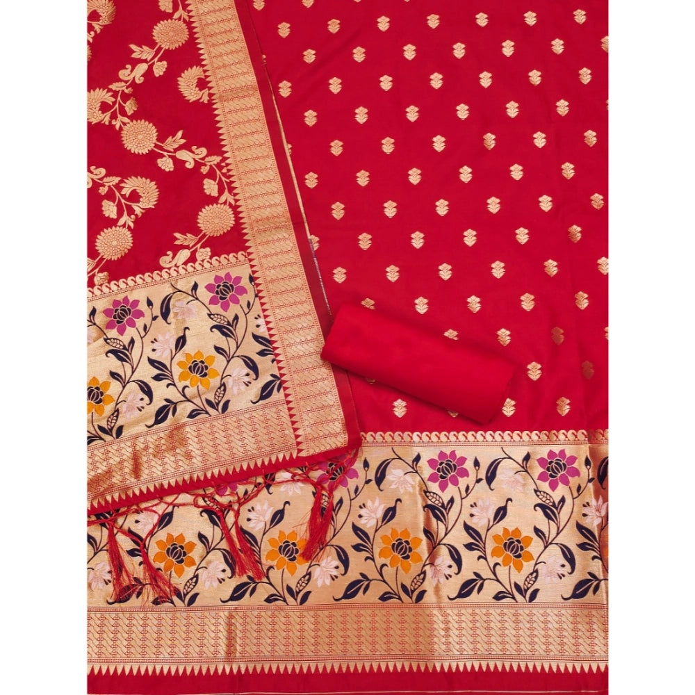 Red Banarasi silk printed unstitched salwar suit with dupatta (3m), high-quality traditional Indian wear
