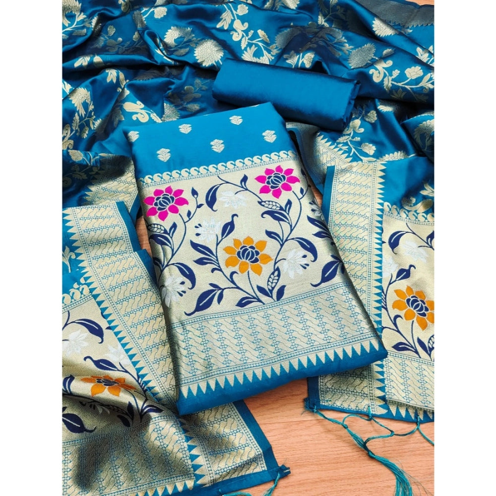Blue Banarasi Silk printed unstitched salwar suit set with dupatta (3m) on mannequin