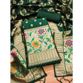 Green Banarasi Silk printed unstitched salwar suit with dupatta (3m) on model
