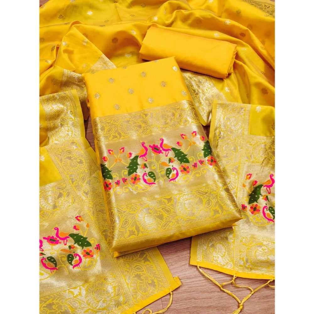 Yellow Banarasi Silk printed unstitched salwar suit set with dupatta (3m) on hanger