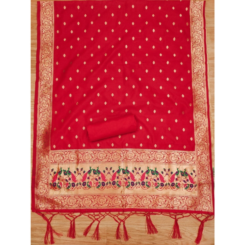 Red Banarasi silk printed unstitched salwar suit with dupatta (3m), women's traditional Indian outfit for formal events
